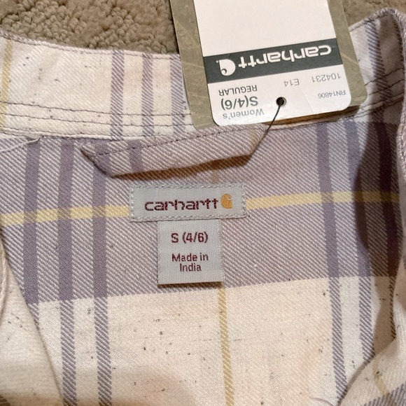 NWT!CARHARTT WOMAN LIGHT PURPLE RELAXED 3/4 SLEEVE PLAID SHIRT / SIZE S 4/6 - Picture 7 of 8